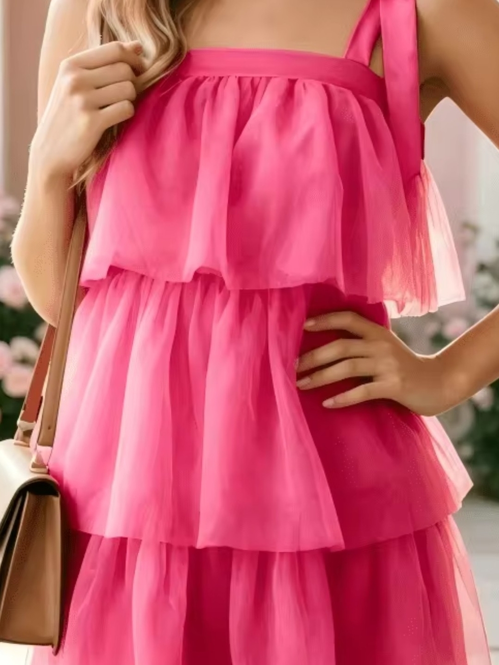 SHEIN Hot Pink Layered Chiffon Mini Dress with Bow Strap